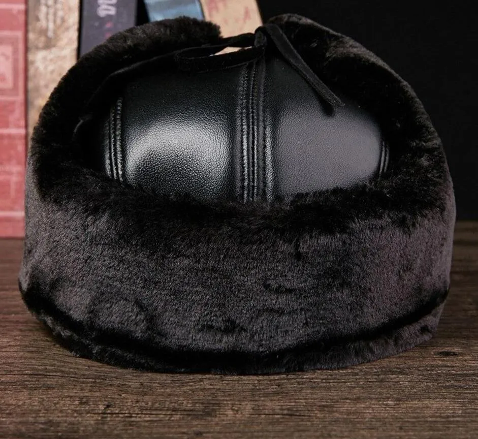 Black Leather Bomber Hat with Earflaps