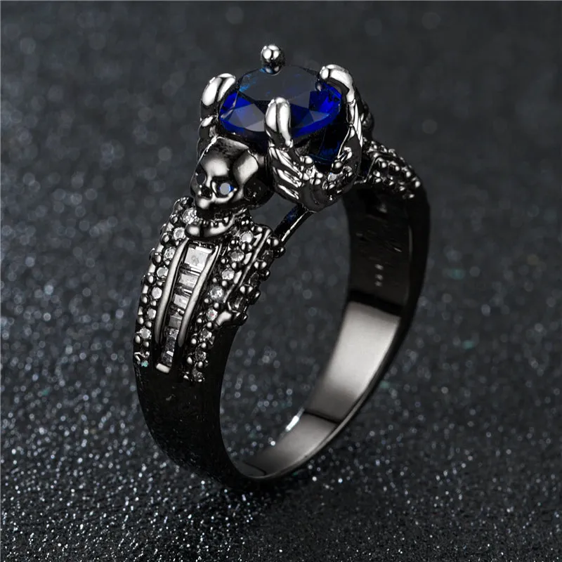 Black Skull and Round Cubic Zirconia Punk Wedding Ring