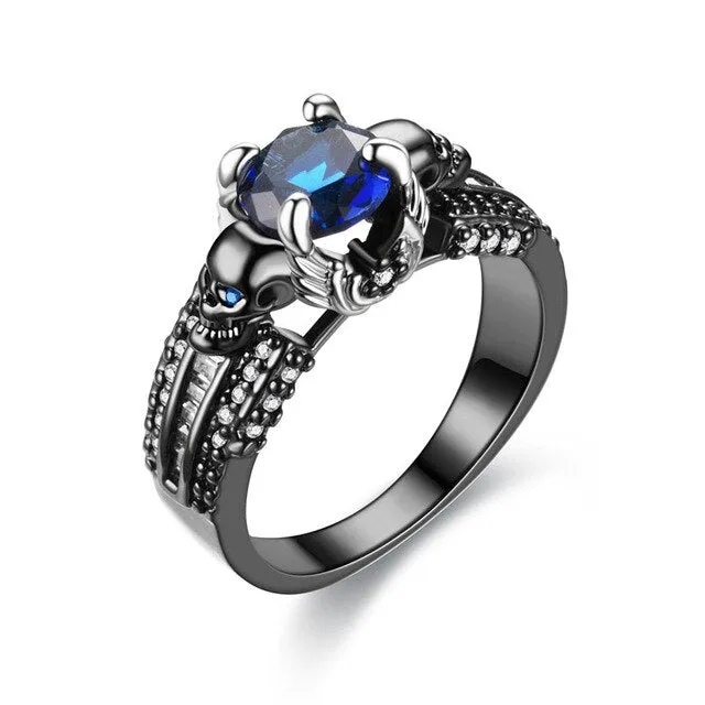 Black Skull and Round Cubic Zirconia Punk Wedding Ring