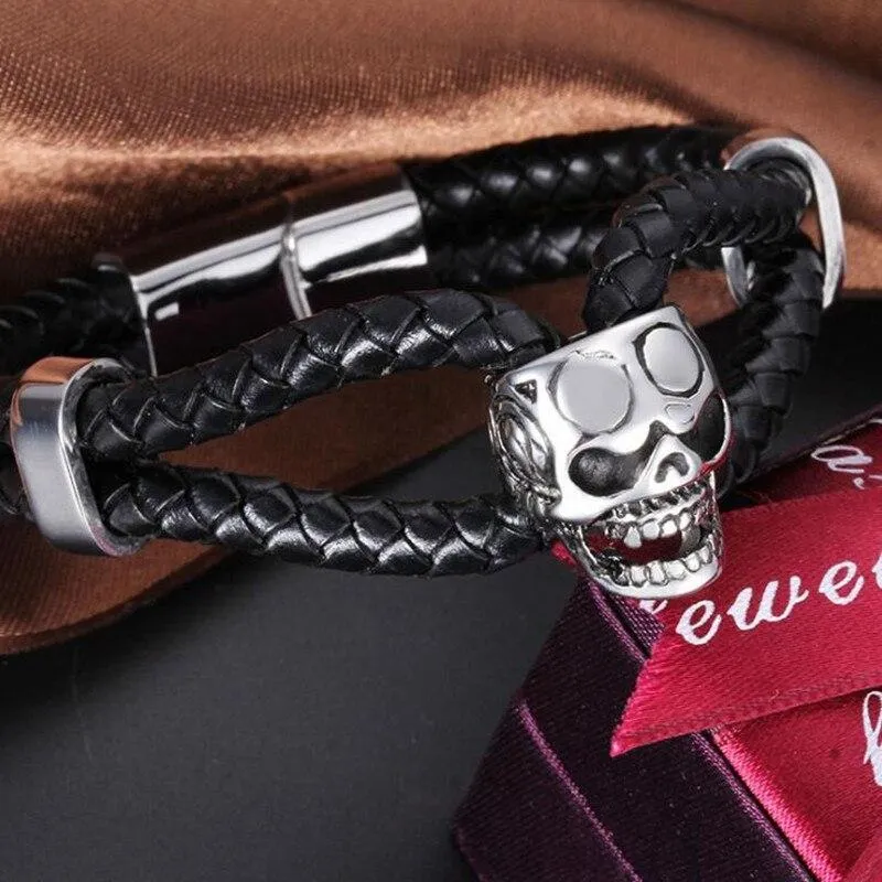 Black Two Strand Braided Leather Stainless Steel Skull Bracelet