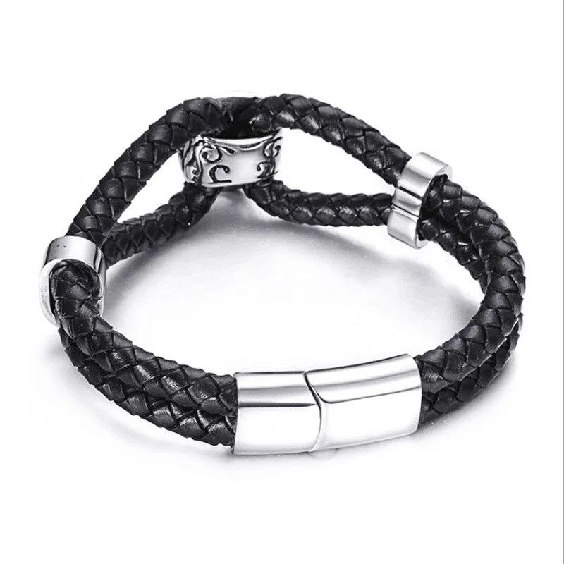 Black Two Strand Braided Leather Stainless Steel Skull Bracelet