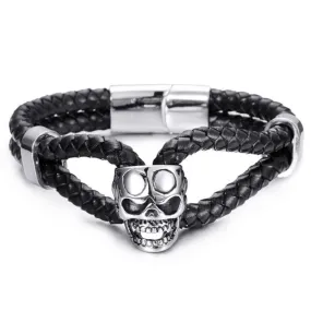 Black Two Strand Braided Leather Stainless Steel Skull Bracelet