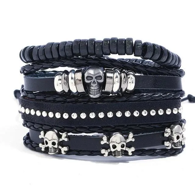 Black Vintage Multilayer Leather Skull Bracelet