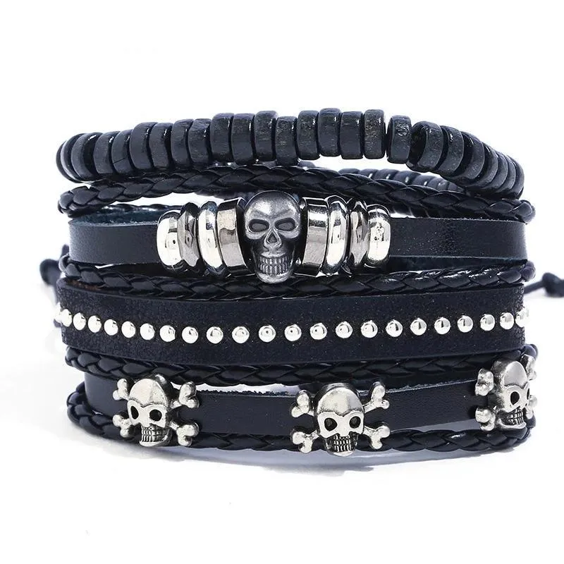 Black Vintage Multilayer Leather Skull Bracelet