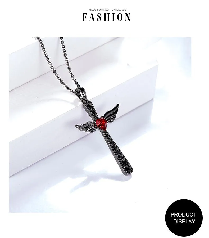 Black Wings Ruby Heart Cross Pendant and Chain Necklace