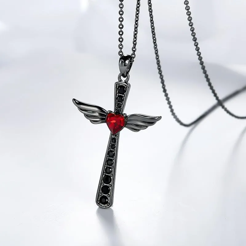 Black Wings Ruby Heart Cross Pendant and Chain Necklace