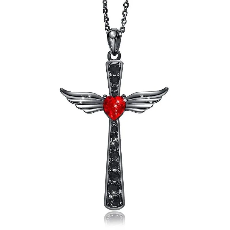 Black Wings Ruby Heart Cross Pendant and Chain Necklace