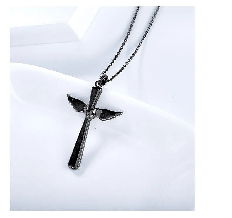 Black Wings Ruby Heart Cross Pendant and Chain Necklace