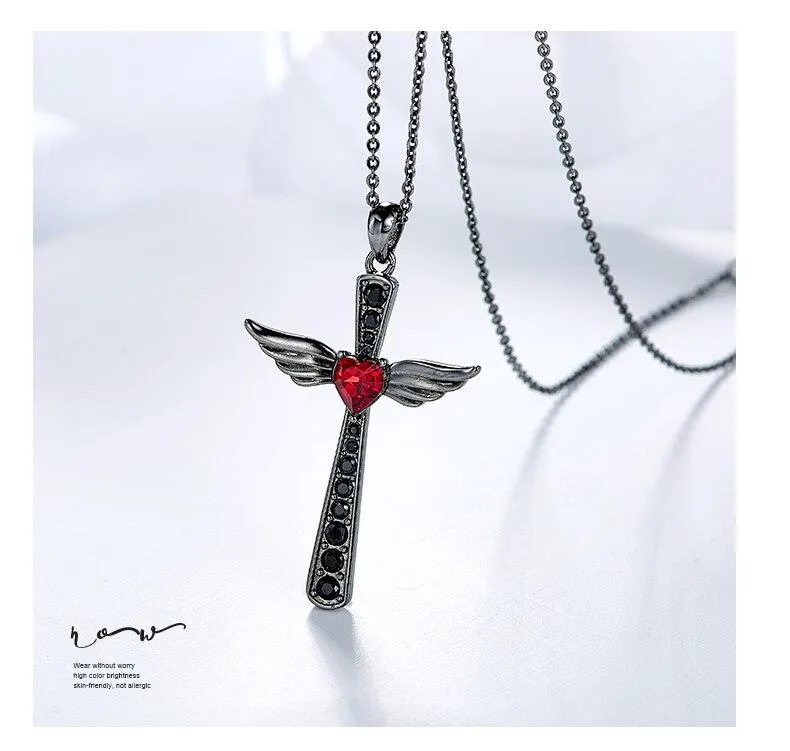 Black Wings Ruby Heart Cross Pendant and Chain Necklace