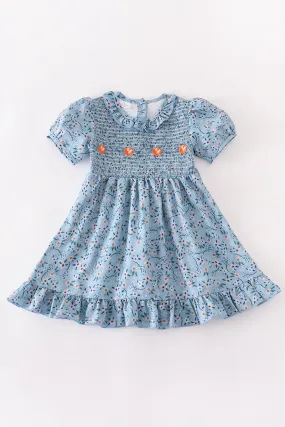 Blue floral smocked  puff sleeve ruffle dress