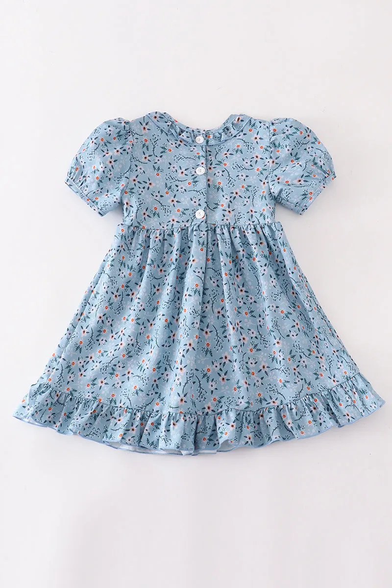 Blue floral smocked  puff sleeve ruffle dress