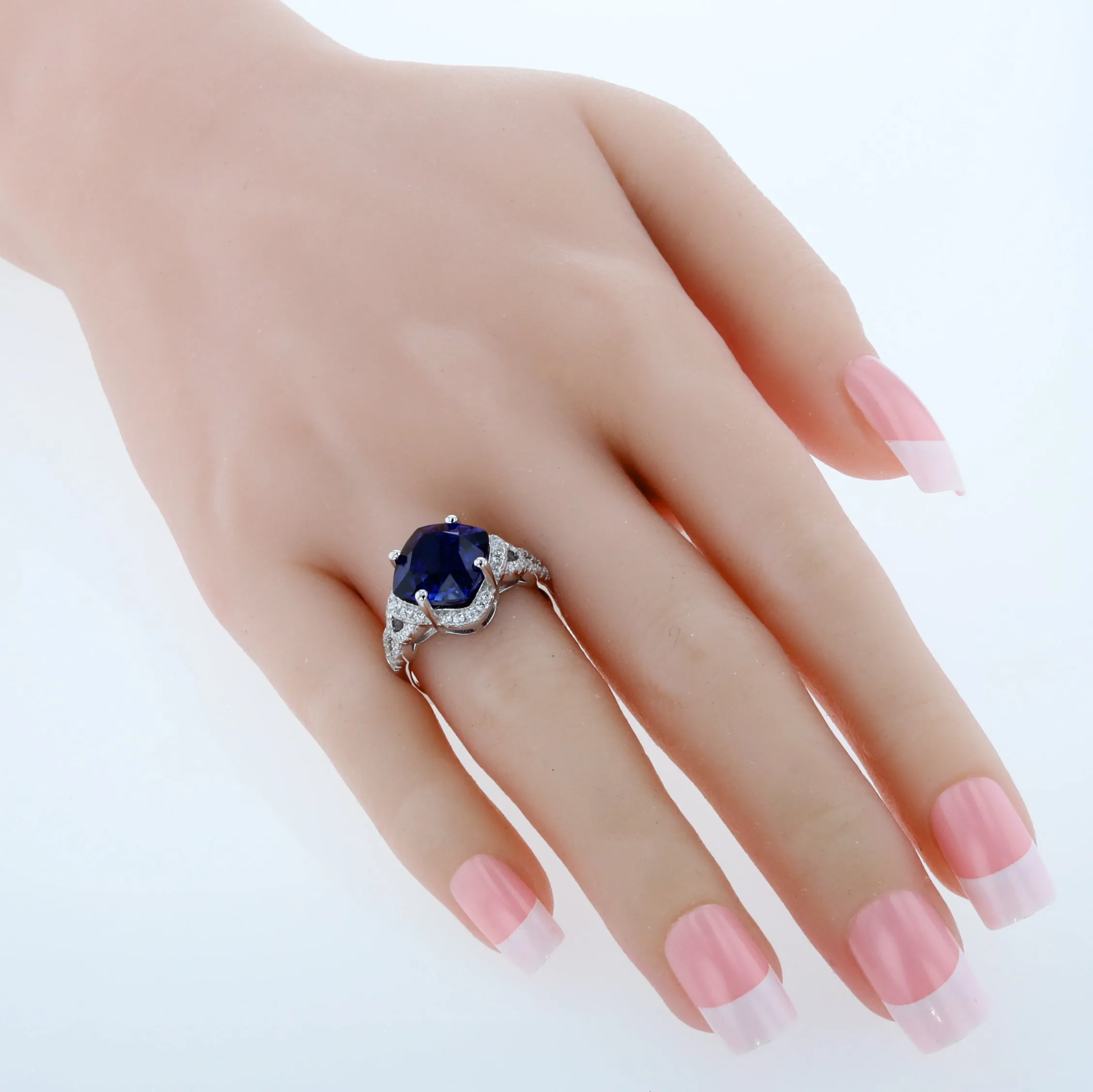 Blue Sapphire Cushion Cut Sterling Silver Ring Size 9