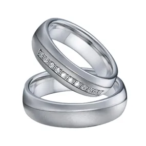 Brushed & Polished Silver and Cubic Zirconia Stainless Steel Wedding Ring Set