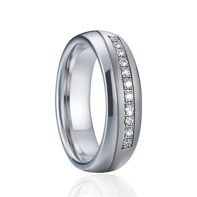 Brushed & Polished Silver and Cubic Zirconia Stainless Steel Wedding Ring Set