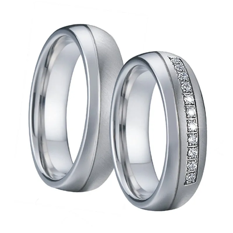 Brushed & Polished Silver and Cubic Zirconia Stainless Steel Wedding Ring Set