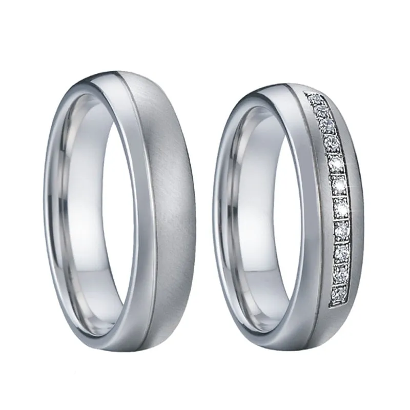 Brushed & Polished Silver and Cubic Zirconia Stainless Steel Wedding Ring Set