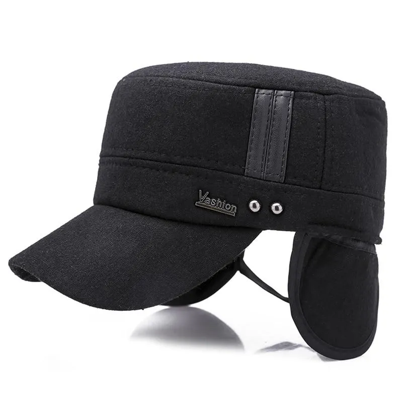 Buckled Cotton Felt Military Hat with Earflaps