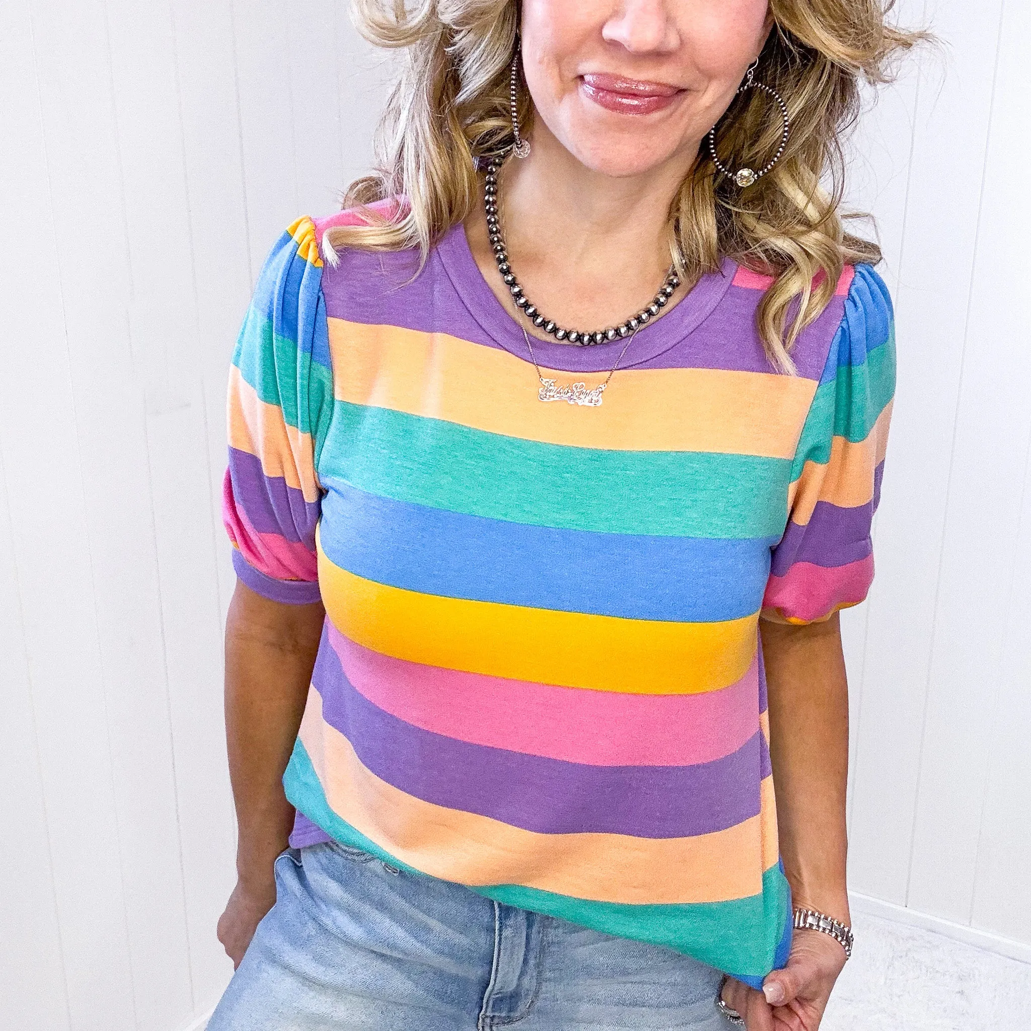 Can't Look Away Multicolor Stripe Bubble Sleeve Terry Top