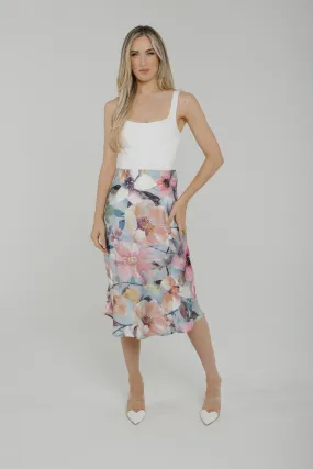 Casey Satin Midi Skirt In Pink Floral