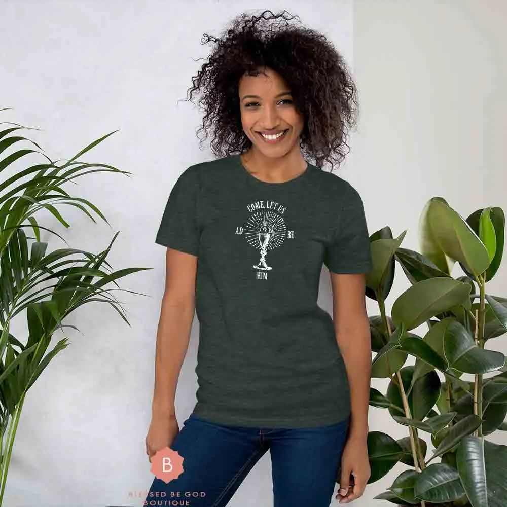 Catholic Women's tee, Come Let Us Adore Him