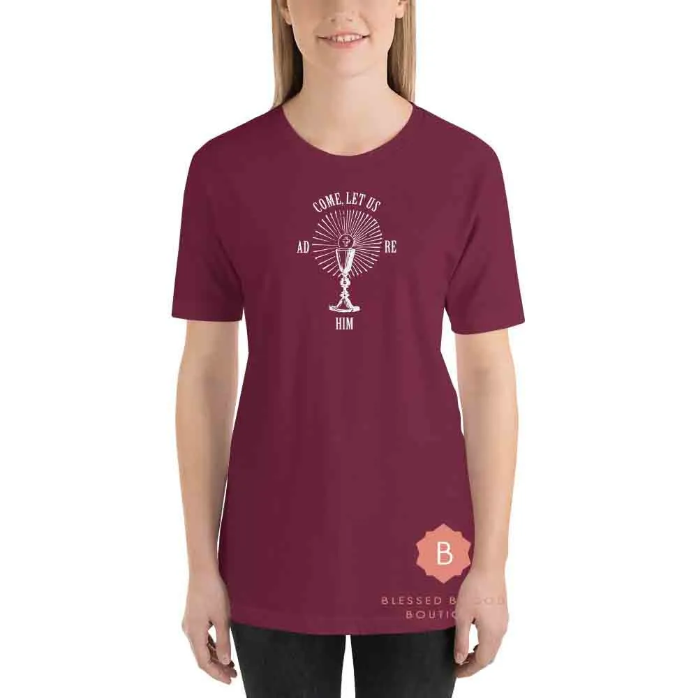 Catholic Women's tee, Come Let Us Adore Him