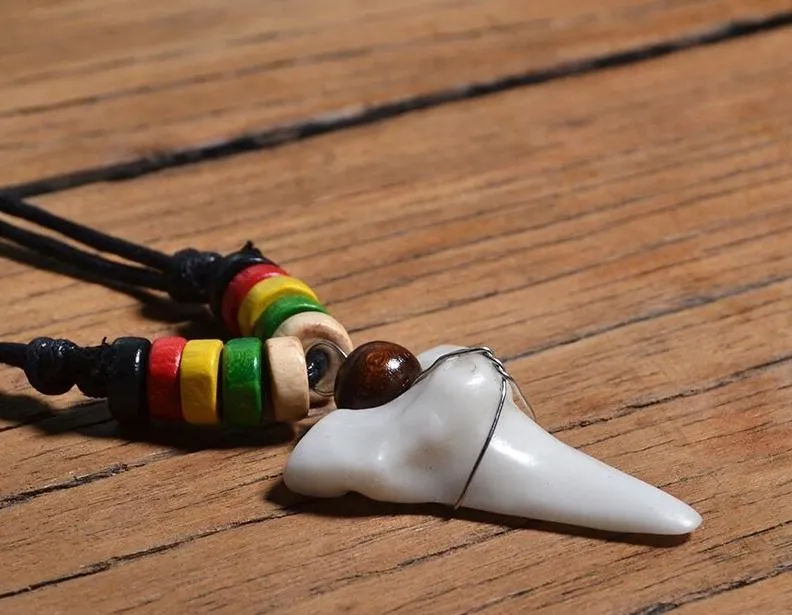 Ceramic Shark Tooth Maori Tribal Bone Wooden Necklace