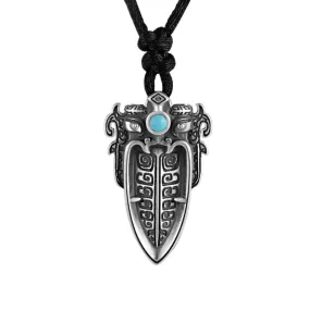 Chinese Mythical Animal Taotie with Artificial Turquoise Stone Inlay 925 Sterling Silver Biker Pendant Necklace