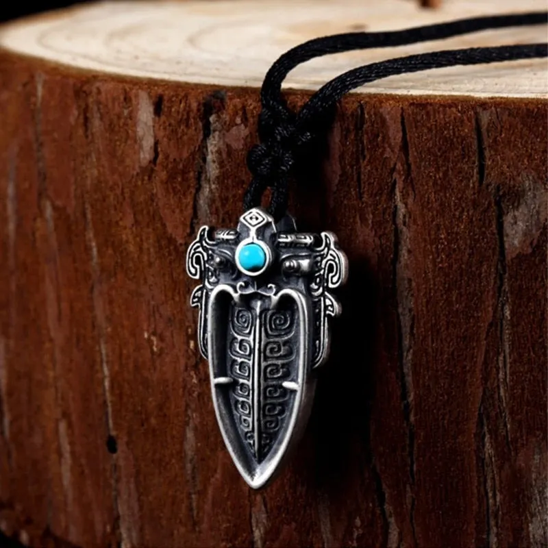 Chinese Mythical Animal Taotie with Artificial Turquoise Stone Inlay 925 Sterling Silver Biker Pendant Necklace