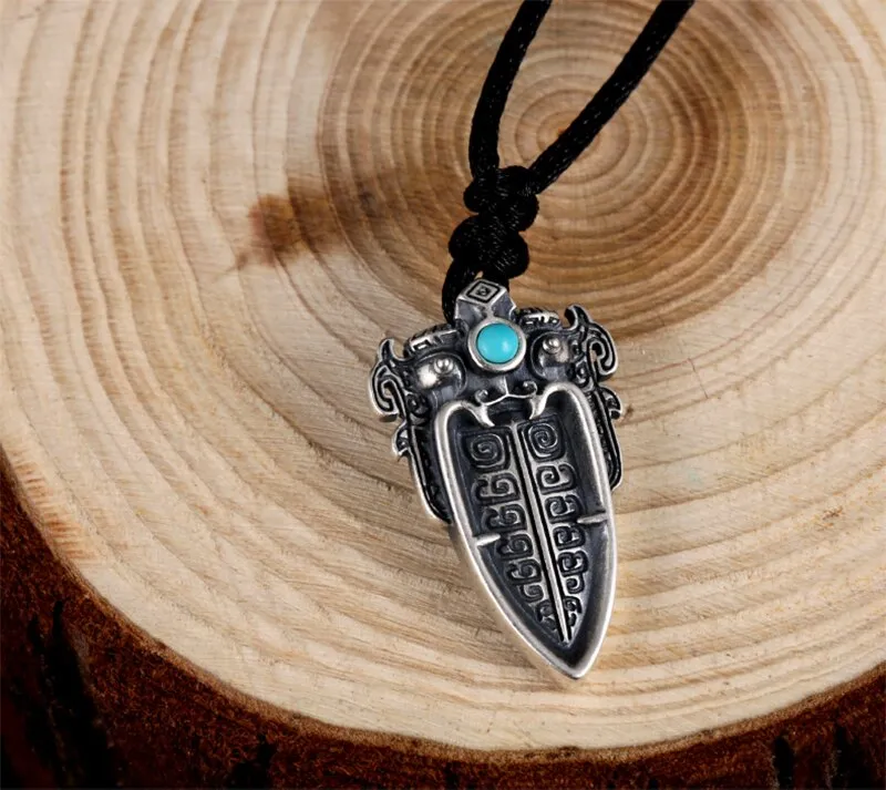 Chinese Mythical Animal Taotie with Artificial Turquoise Stone Inlay 925 Sterling Silver Biker Pendant Necklace