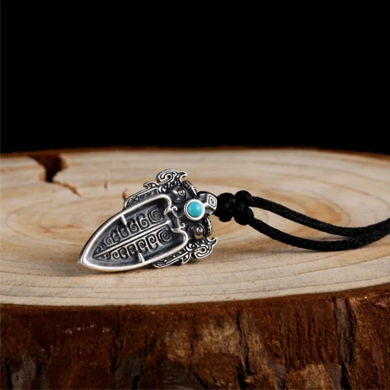 Chinese Mythical Animal Taotie with Artificial Turquoise Stone Inlay 925 Sterling Silver Biker Pendant Necklace