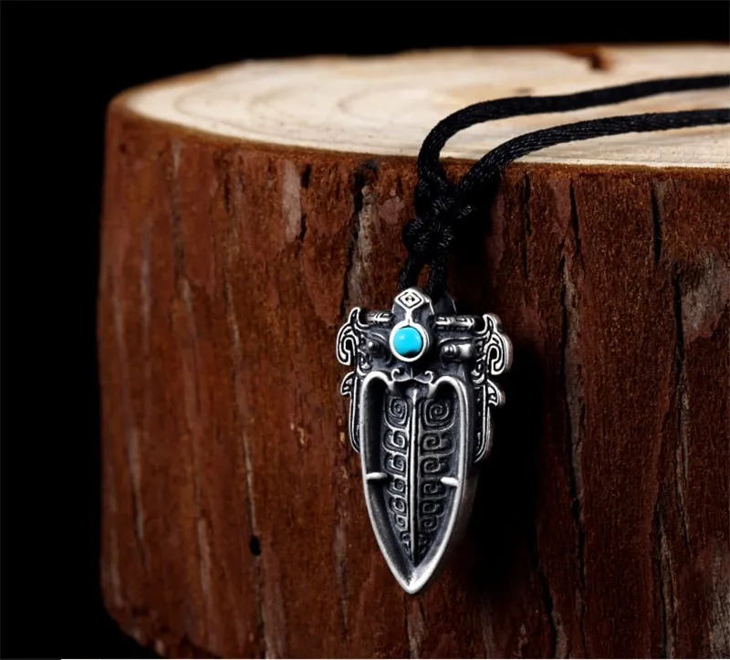 Chinese Mythical Animal Taotie with Artificial Turquoise Stone Inlay 925 Sterling Silver Biker Pendant Necklace