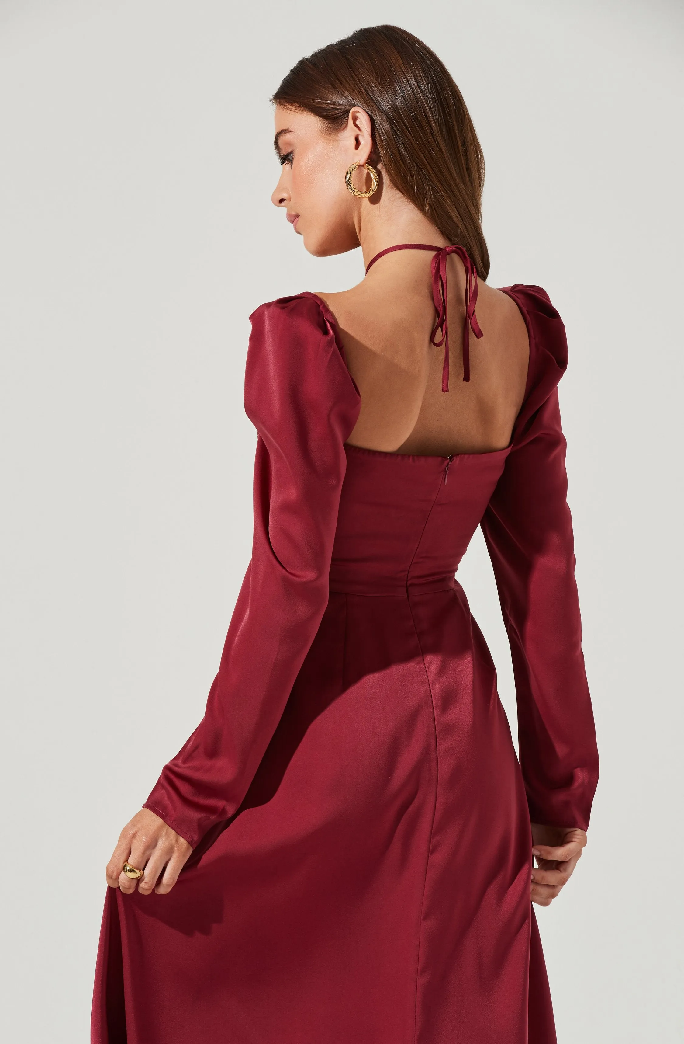 Cinched Halter Tie Satin Midi Dress