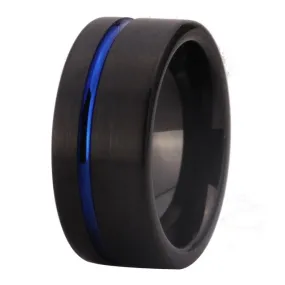 Classic Blue Grooved and Black-Plated Tungsten Fashion Wedding Ring