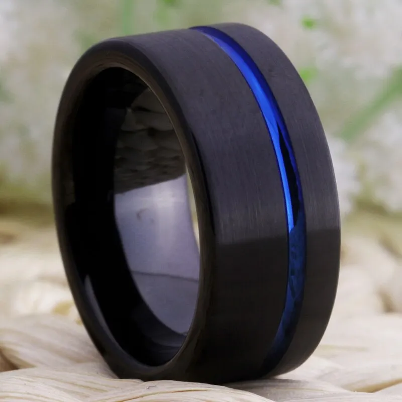 Classic Blue Grooved and Black-Plated Tungsten Fashion Wedding Ring