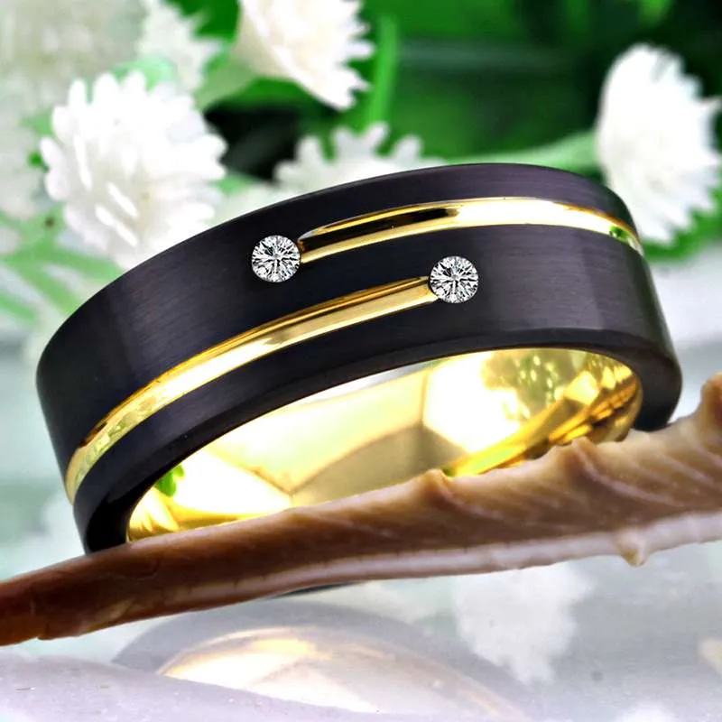 Classic Golden Groove Cubic Zirconia Black-Plated Tungsten Wedding Band