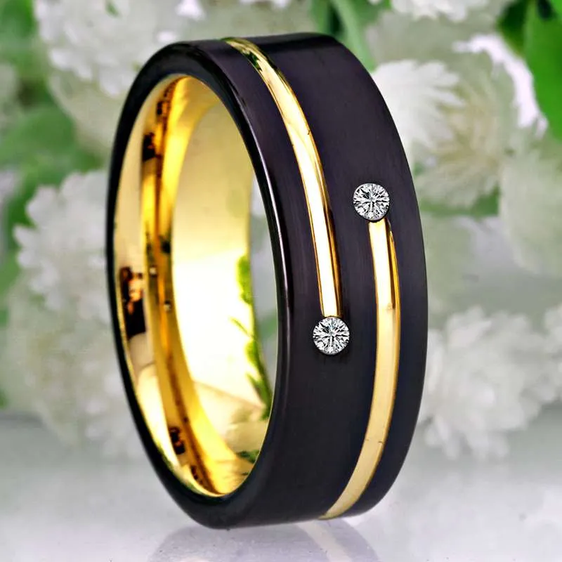 Classic Golden Groove Cubic Zirconia Black-Plated Tungsten Wedding Band