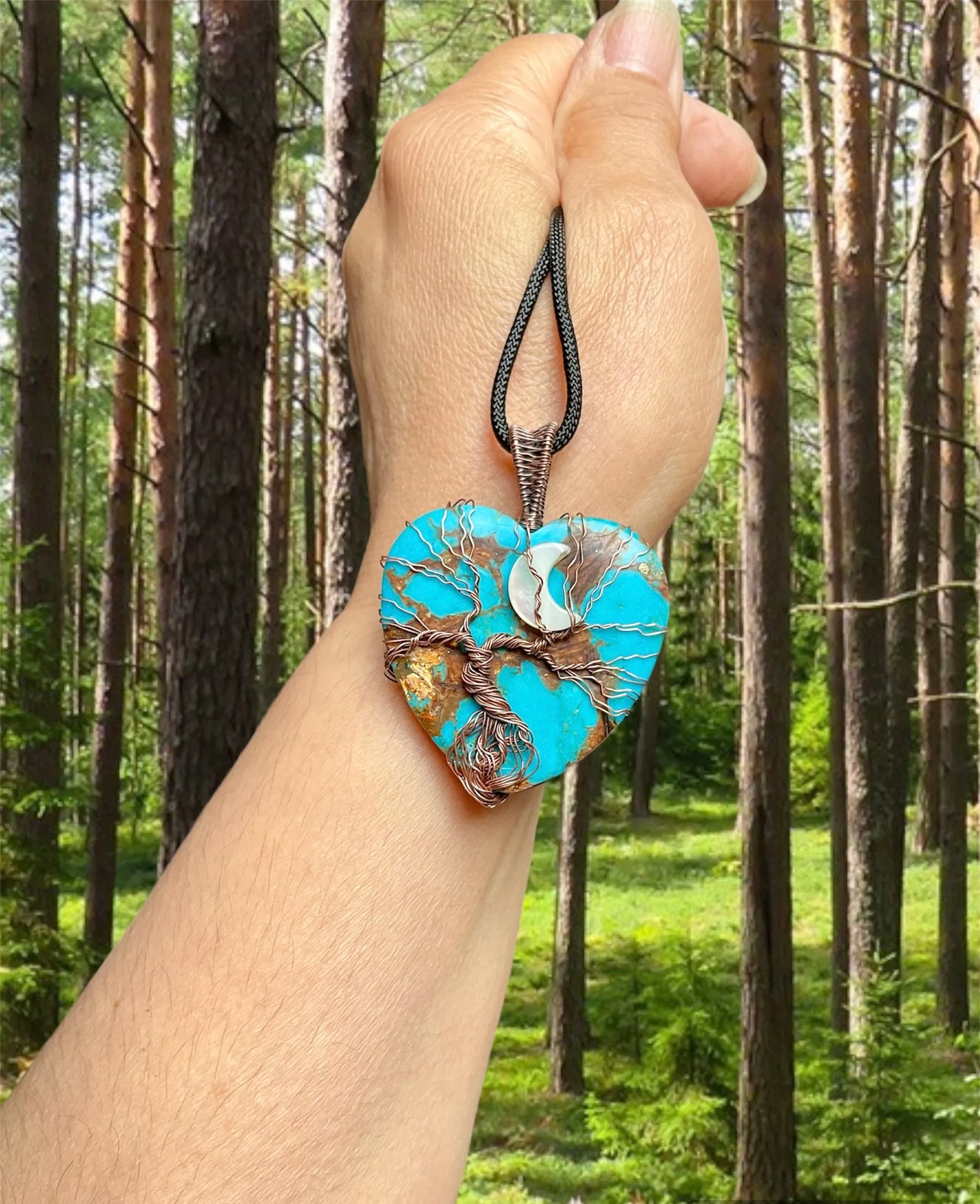 Copper Turquoise Heart Tree of Life Pendant