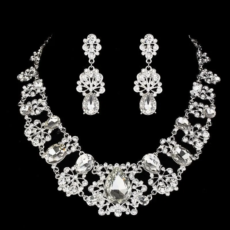 Crystal and Flower Tiara, Necklace & Earrings Wedding Jewelry Set