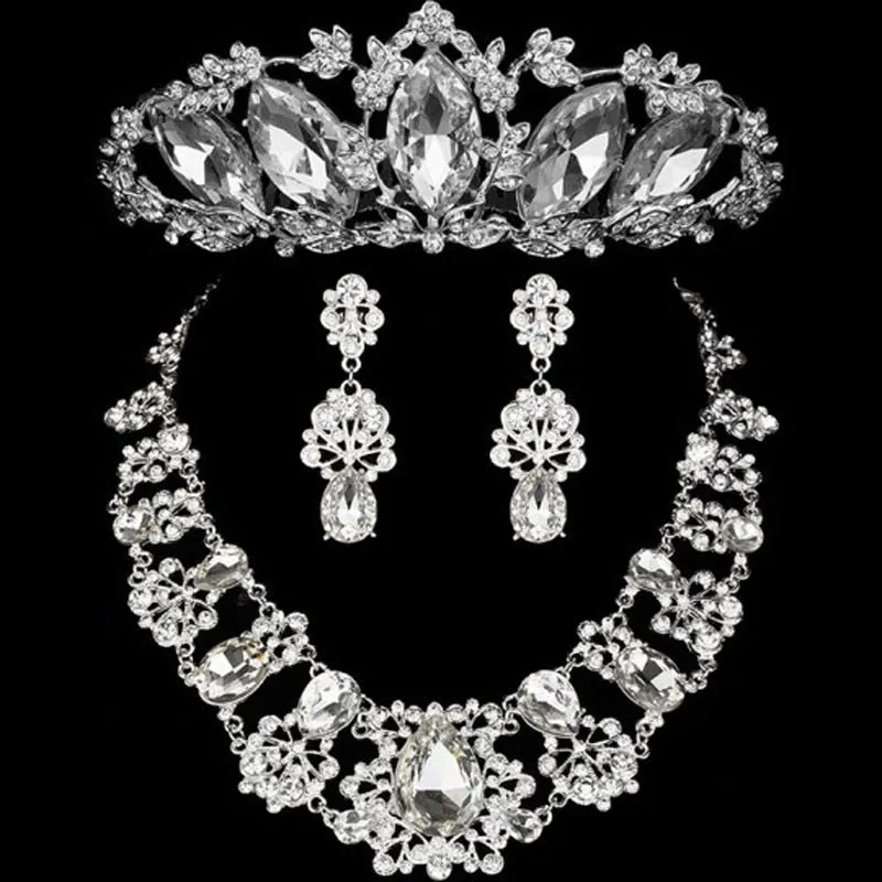 Crystal and Flower Tiara, Necklace & Earrings Wedding Jewelry Set