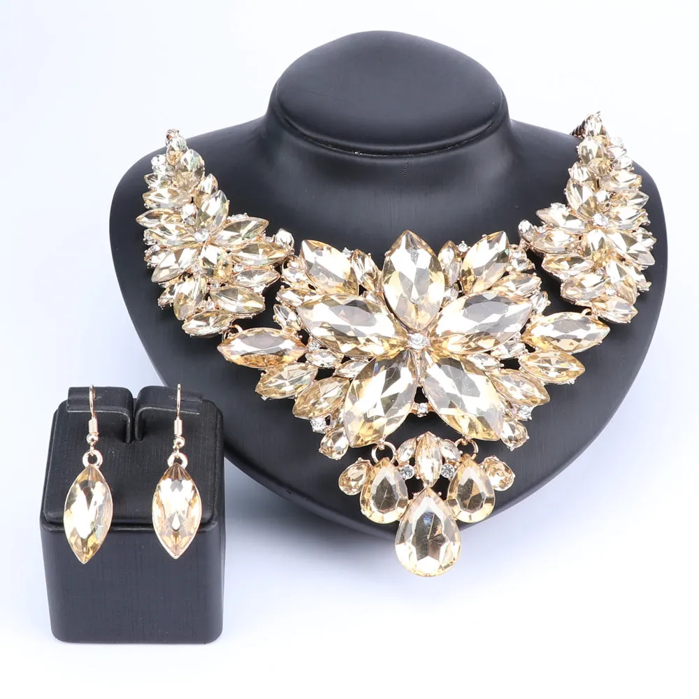 Crystal Flower and Rhinestone Necklace & Earrings Wedding Statement Jewelry Set