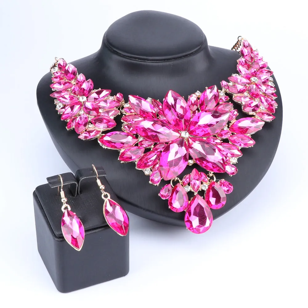 Crystal Flower and Rhinestone Necklace & Earrings Wedding Statement Jewelry Set