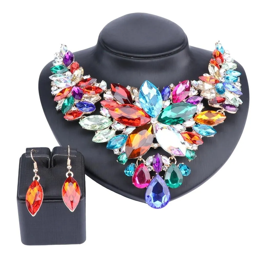 Crystal Flower and Rhinestone Necklace & Earrings Wedding Statement Jewelry Set