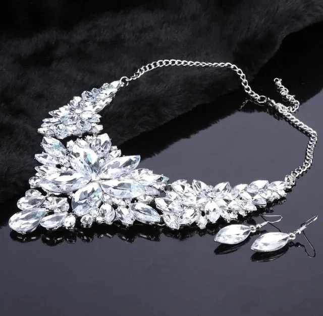 Crystal Flower and Rhinestone Necklace & Earrings Wedding Statement Jewelry Set