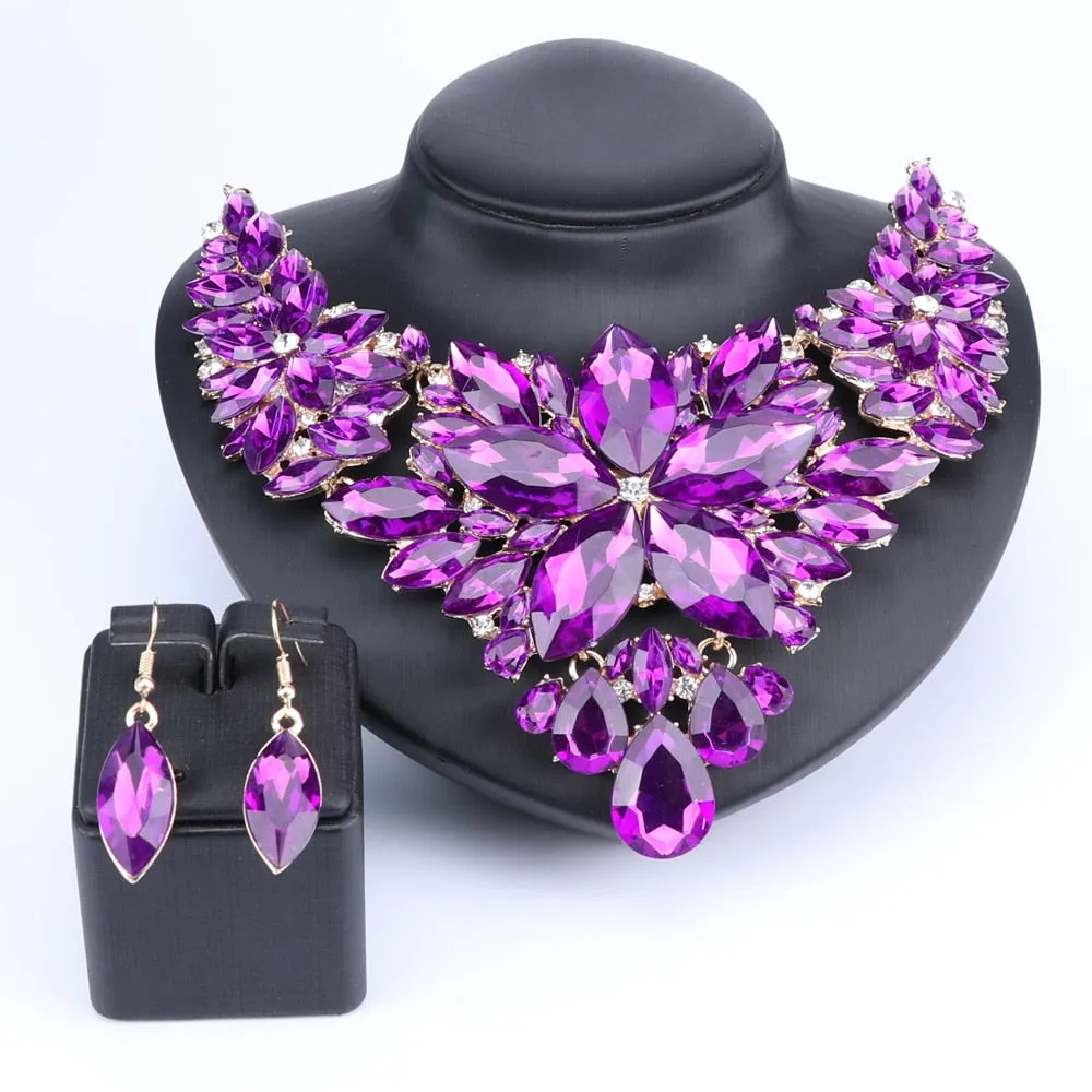 Crystal Flower and Rhinestone Necklace & Earrings Wedding Statement Jewelry Set