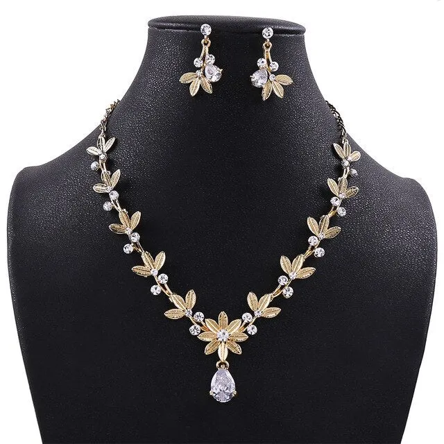 Crystal Leaf and Rhinestone Tiara, Necklace & Earrings Jewelry Set