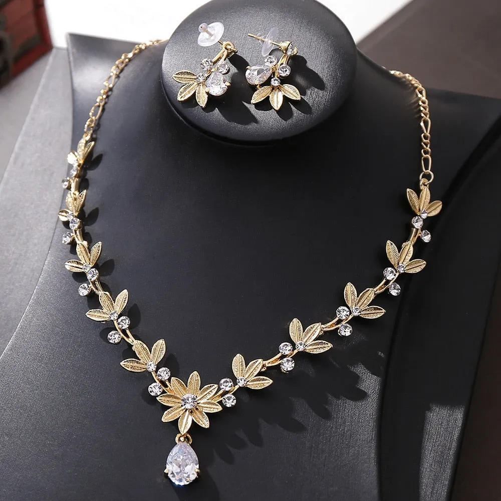 Crystal Leaf and Rhinestone Tiara, Necklace & Earrings Jewelry Set