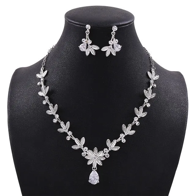 Crystal Leaf and Rhinestone Tiara, Necklace & Earrings Jewelry Set