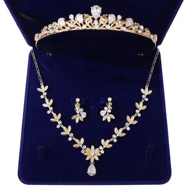 Crystal Leaf and Rhinestone Tiara, Necklace & Earrings Jewelry Set