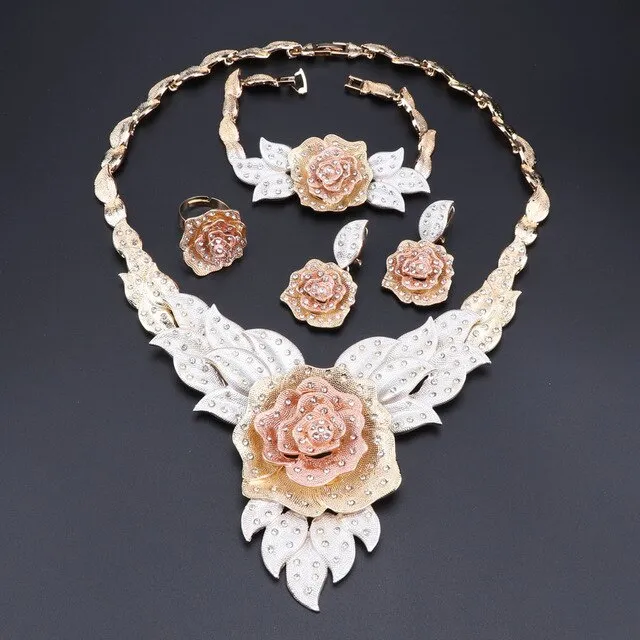 Crystal Rose Flower Necklace, Bracelet, Earrings & Ring Wedding Jewelry Set