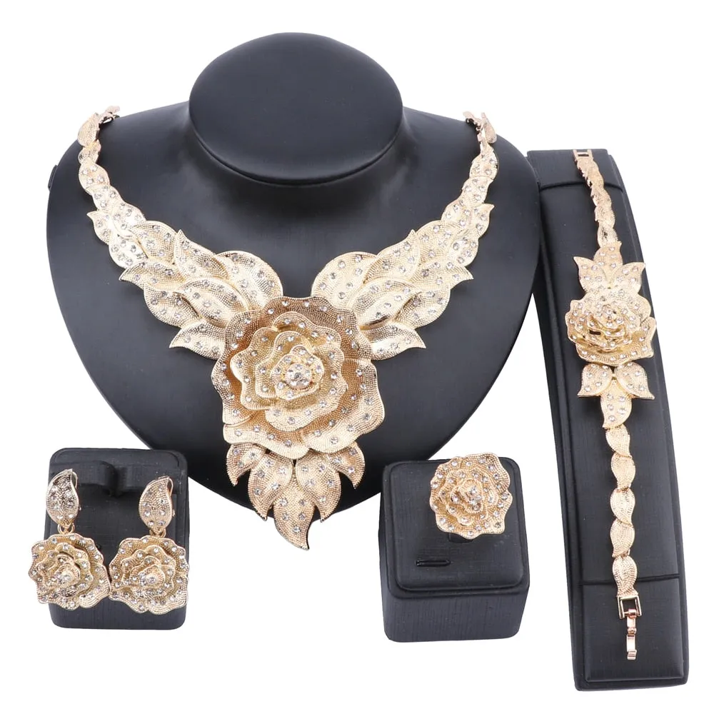 Crystal Rose Flower Necklace, Bracelet, Earrings & Ring Wedding Jewelry Set